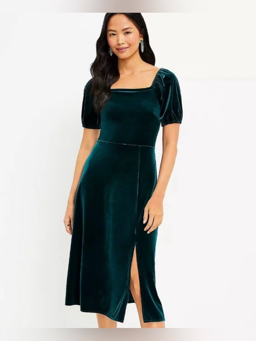 Loft Green Velvet Puff Sleeve Midi Dress Cocktail Holidays Christmas NWT size 8